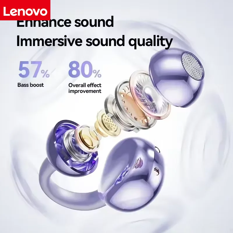 Lenovo Bluetooth Headset Features IPX5 Waterproof and Leak-proof Technology, 9D Stereo Sound, and 24-hour Comfortable Wear. - Image 3