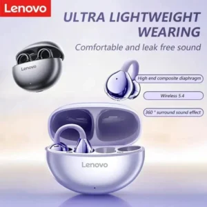 Lenovo Bluetooth Headset Features IPX5 Waterproof and Leak-proof Technology, 9D Stereo Sound, and 24-hour Comfortable Wear.