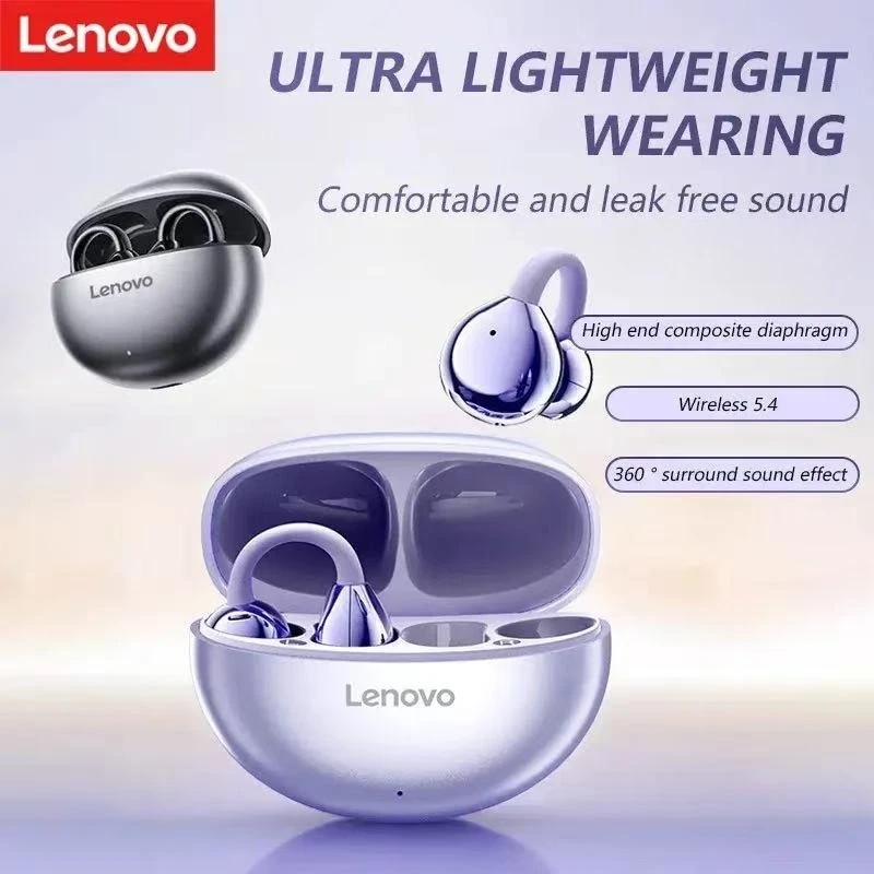 Lenovo Bluetooth Headset Features IPX5 Waterproof and Leak-proof Technology, 9D Stereo Sound, and 24-hour Comfortable Wear.